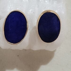 Gold-Trim Oval Blue Stone Stud Earrings